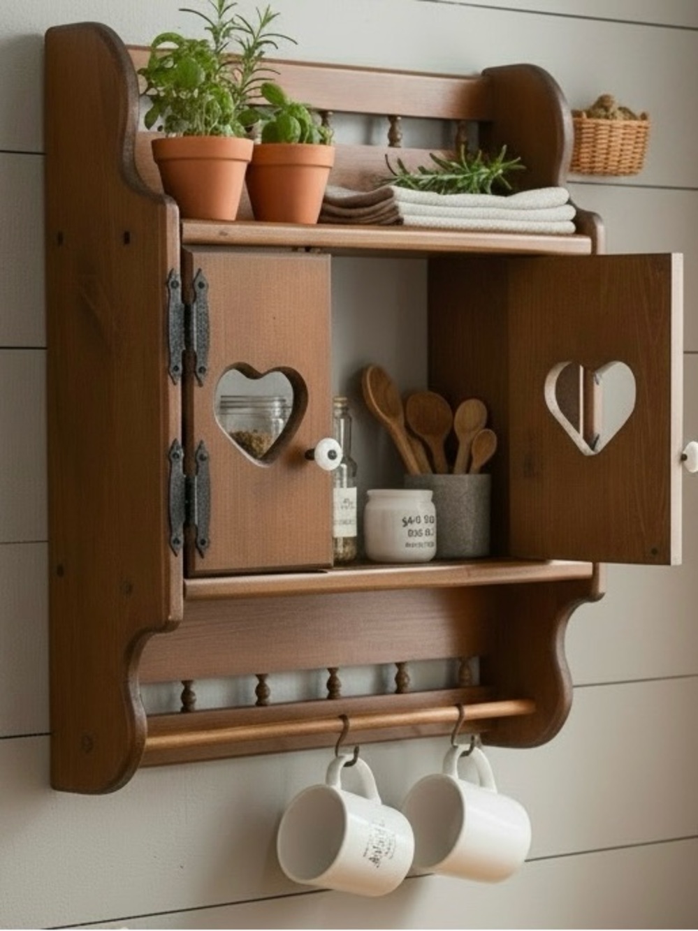 Vintage Larger Wood Hanging Wall Shelf Cabinet Display Hearts Farmhouse Cottage - Picture 7 of 13